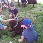 A rákosmenti majális gyereklátogatói egy vakvezető kutyust simogatnak