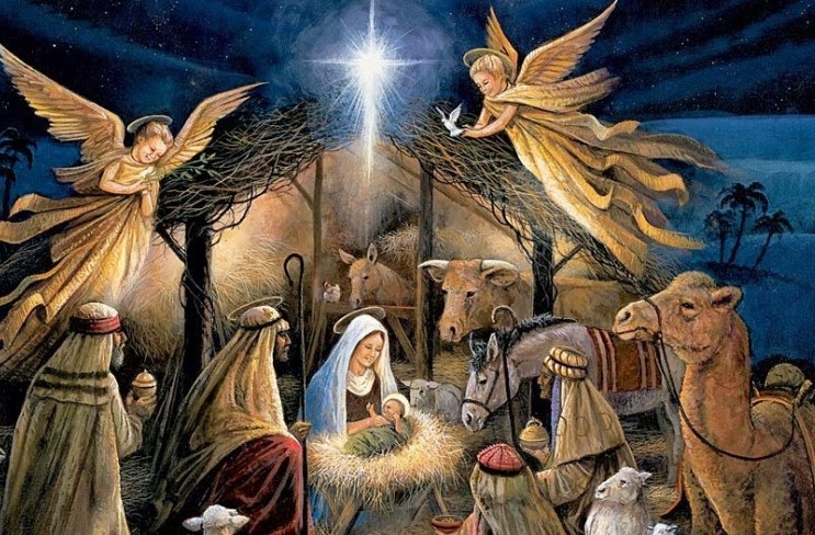 A kép a jászolban fekvő kis Jézust ábrázolja, akit pásztorok vesznek körül.