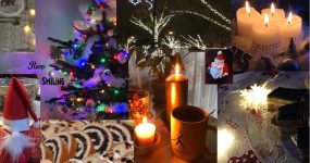 Karácsonyi fotómontázs: manó, Mikulás, fenyő, gyertya, karácsonyi sütemény és ünnepi fények, VGYKE-bögre