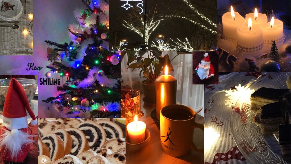 Karácsonyi fotómontázs: manó, Mikulás, fenyő, gyertya, karácsonyi sütemény és ünnepi fények, VGYKE-bögre