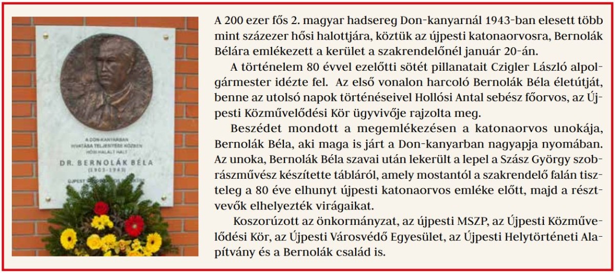 Dr. Bernolák Béla Emléktáblája Újpesten.