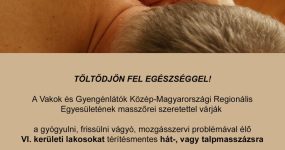A képen a hirdetmény szövege olvasható. Egy masszőr egy másik személy hátát masszírozza. Terézváros és a VGYKE logója is látszik.