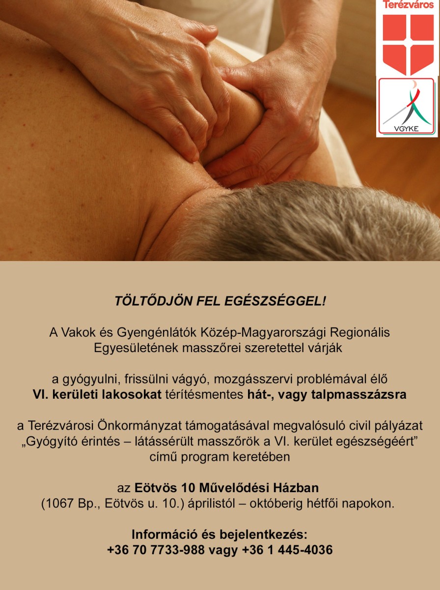 A képen a hirdetmény szövege olvasható. Egy masszőr egy másik személy hátát masszírozza. Terézváros és a VGYKE logója is látszik.