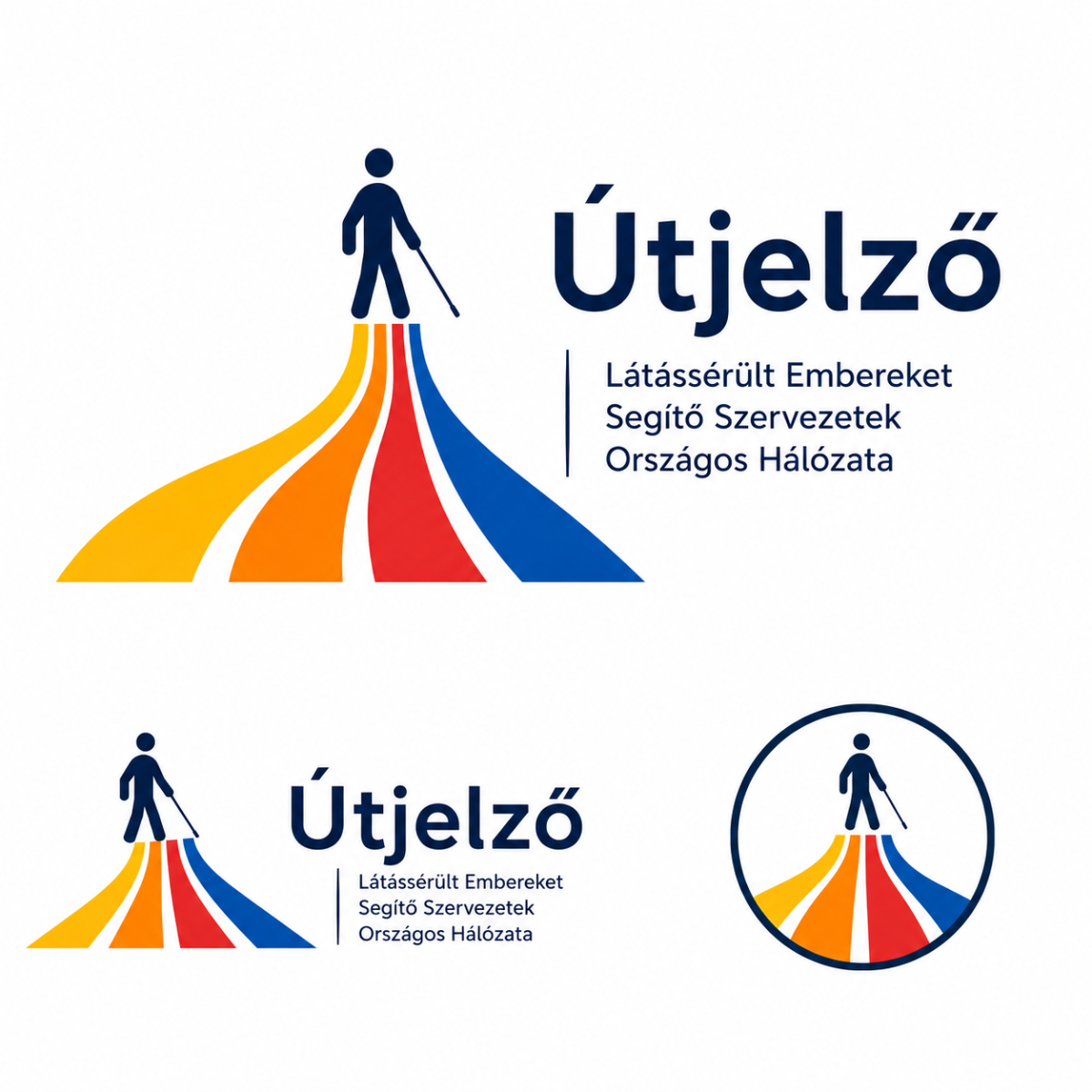 A képen a hálózat logója látható: több irányból érkező, színes vezetősávok kapcsolódnak össze egy ponton, és egy vak emberhez vezetnek, jelezve az emberek sokszínűségét és a közös célt.