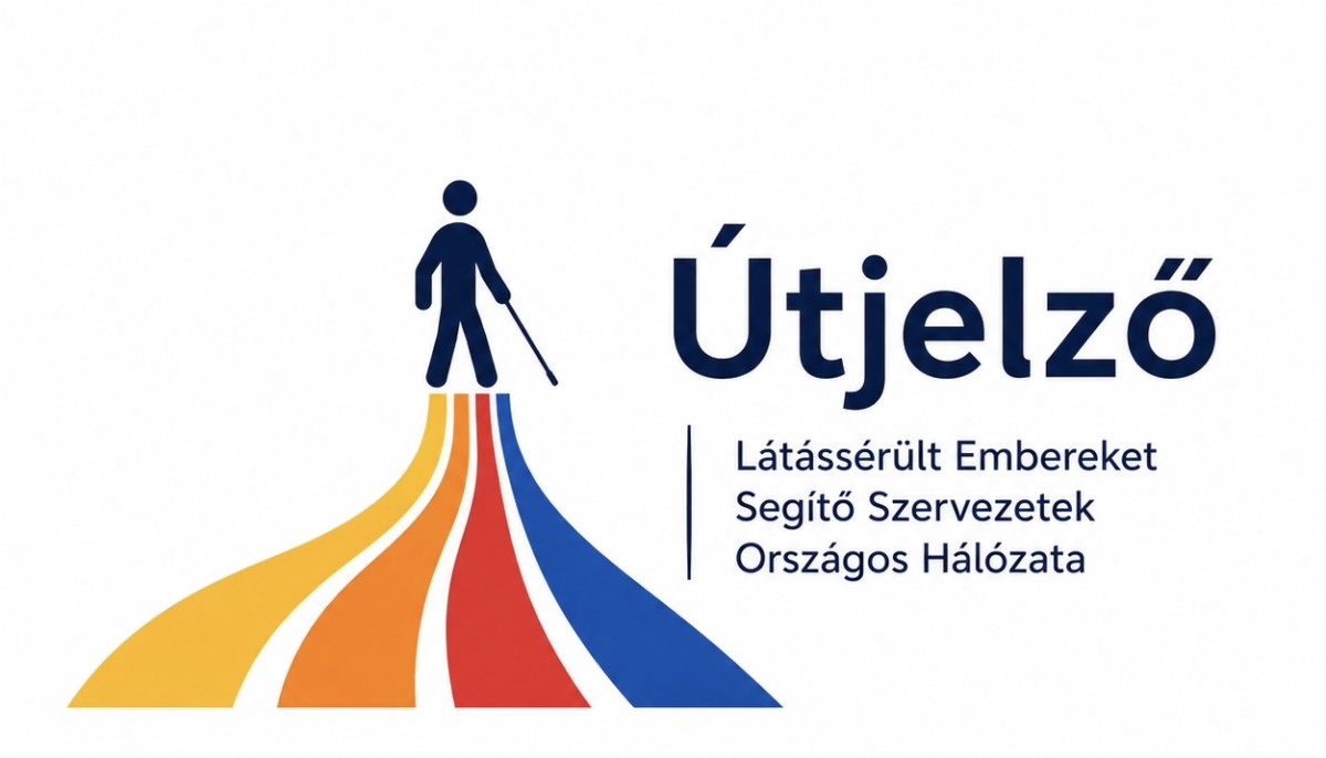 A képen a hálózat logója látható: több irányból érkező, színes vezetősávok kapcsolódnak össze egy ponton, és egy vak emberhez vezetnek, jelezve az emberek sokszínűségét és a közös célt.