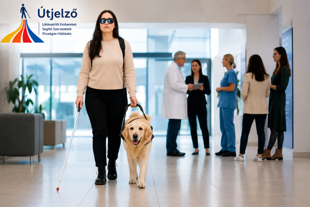A képen egy vak hölgy sétál egy kórházi folyosón. A háttérben egy orvos beszélget hozzátartozókkal és egy nővérrel. A bal felső sarokban az Útjelző logója látszik.