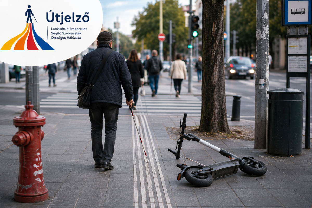 A képen egy látássérült férfi halad a vezetősávon, mellette egy eldőlt rollel látható.