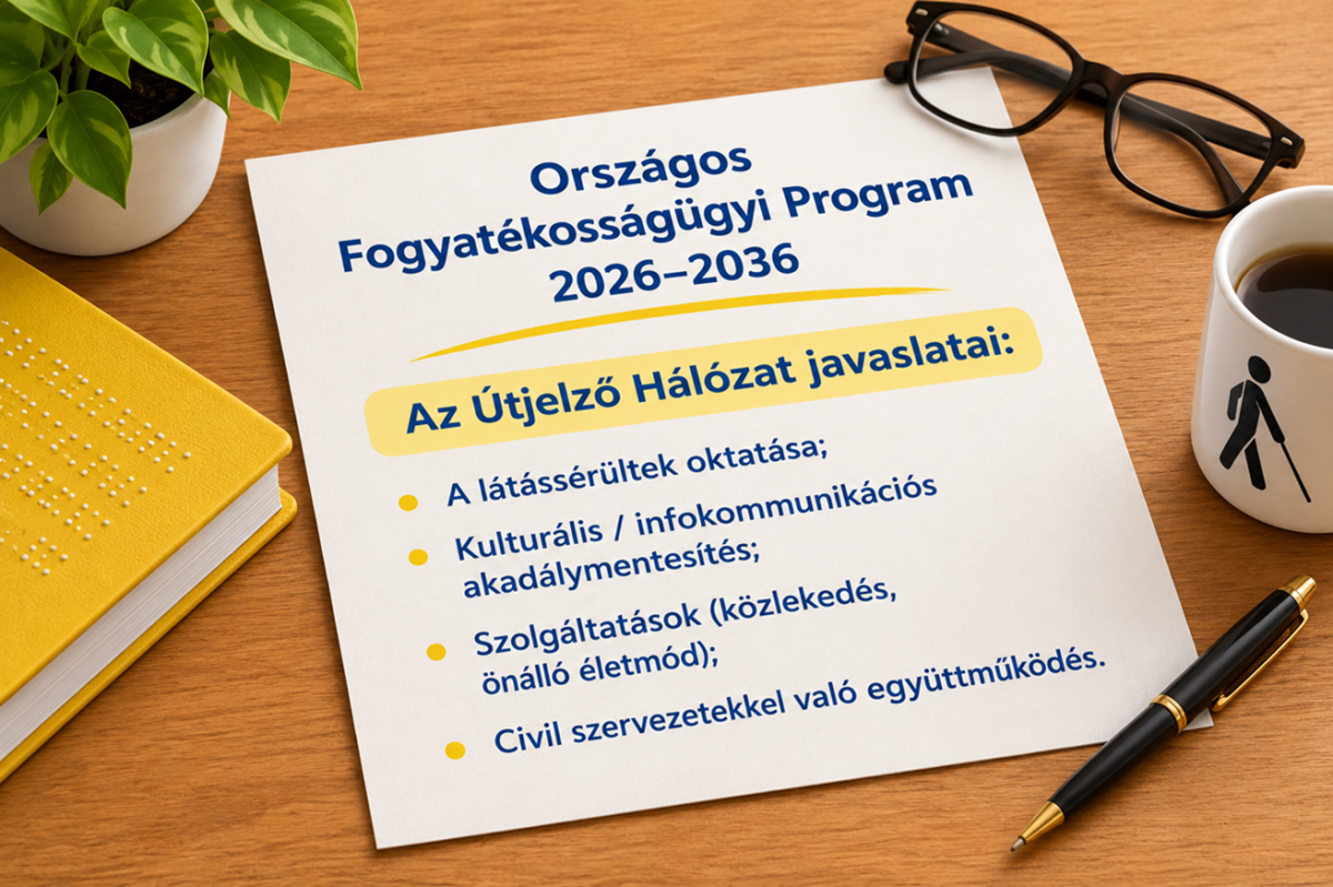 Az illusztráción egy papírlap látható egy asztalon, mely vázlatosan összefoglalja a cikk lényegét. A papírlap mellett a látássérülést szimbolizáló tárgyak láthatók.
