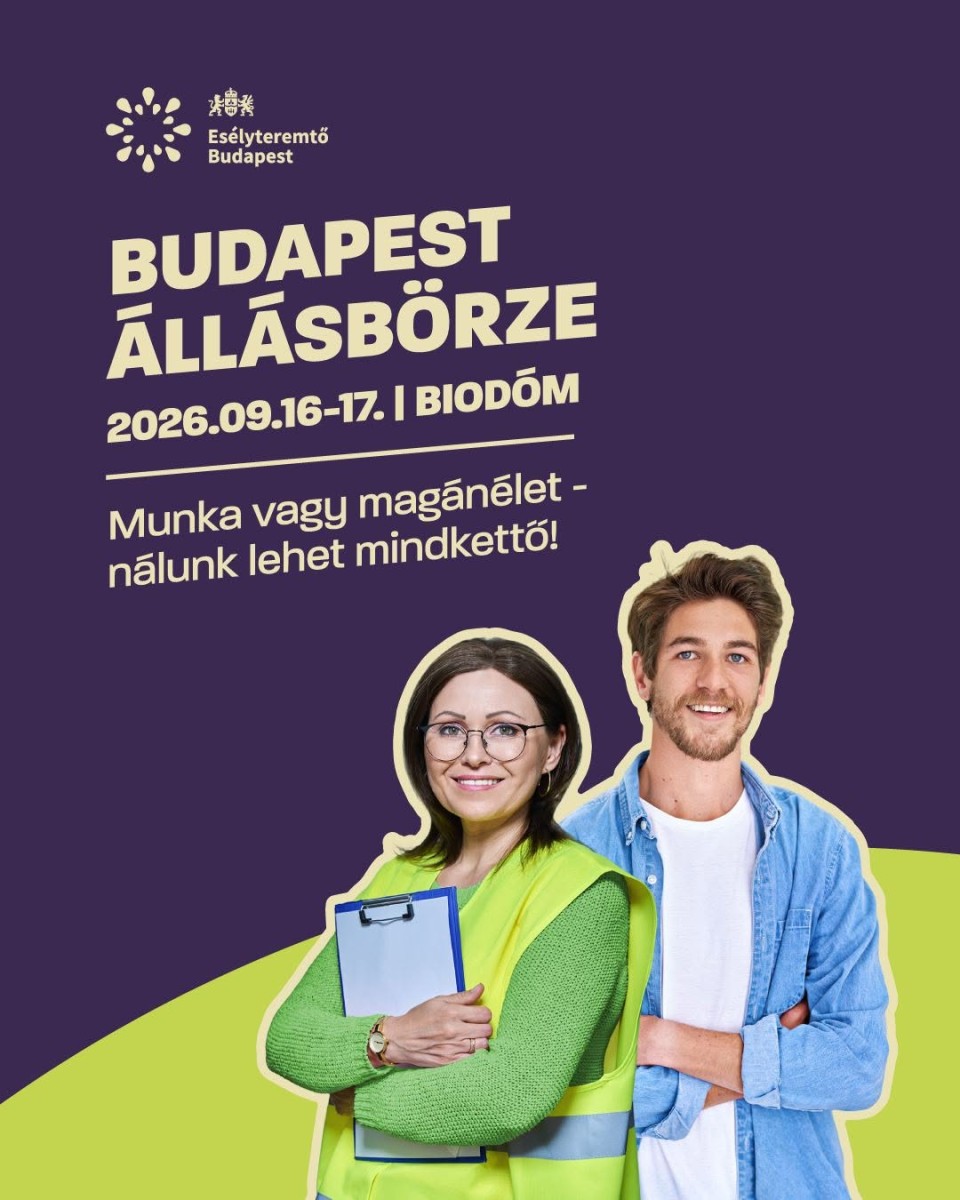 Az állásbörze plakátja, melyen két személy is látható.