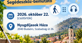 A képen a felhívás szövegének fontosabb információi láthatók, háttérben egy fehérbotos figura, Braille-pontok, és egy fejhallgató, amely a hallást szimbolizálja.